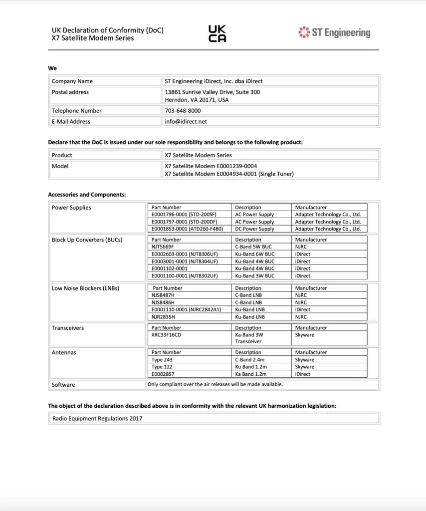 X7 Satellite Router X7 E0001239 Declaration of Conformity Download UK