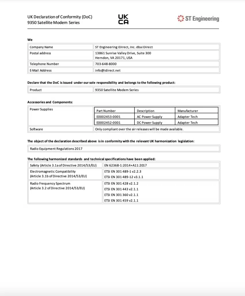 9 Series Satellite Router Declaration of Conformity Download UK